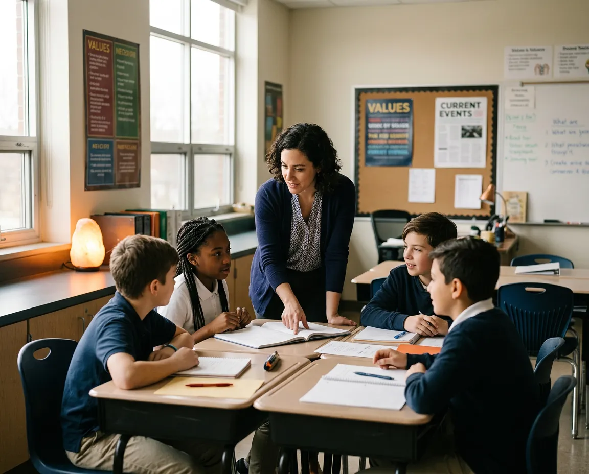 Teacher guiding engaged middle school students during weekly homeroom advisory discussion