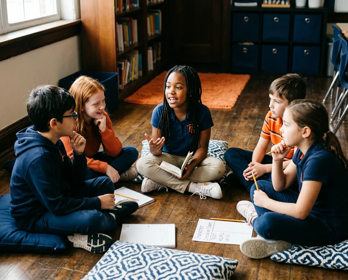 Elementary school students participating in a lively classroom circle character discussion