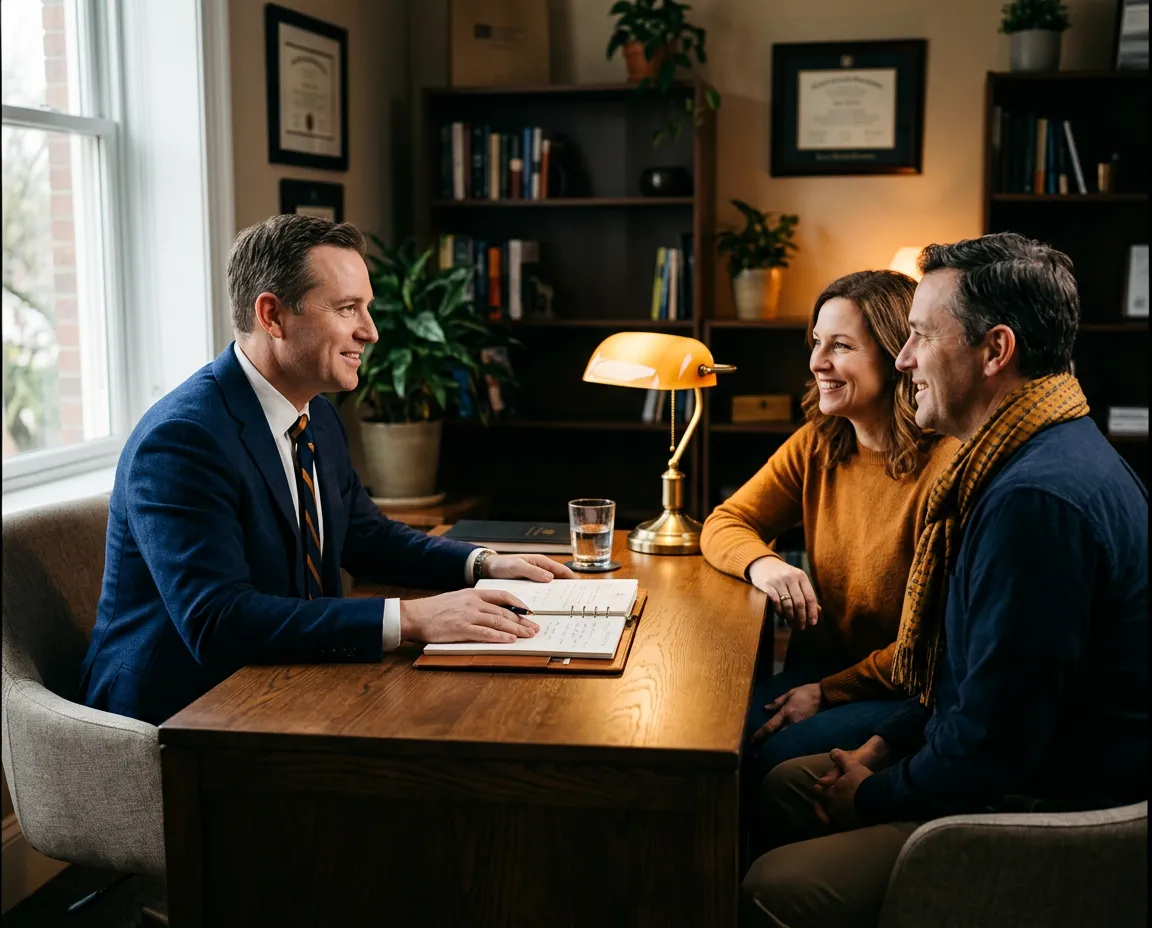 Professional financial advisor consulting with a family in a warm, welcoming office
