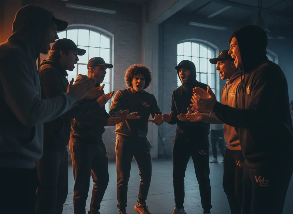 Velaz Group culture: team huddle and celebration