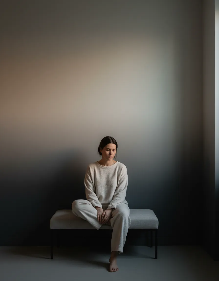A soft-focus image of a woman sitting quietly in a neutral-toned room, reflecting on her emotions.