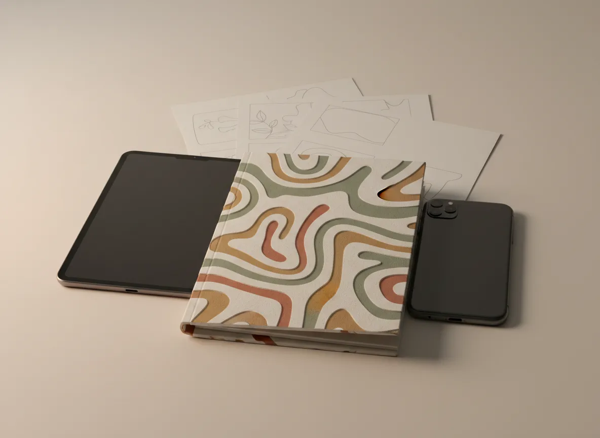 Minimalist 3D rendering of the somatic workbook cover, tablet, and phone on a soft cream surface