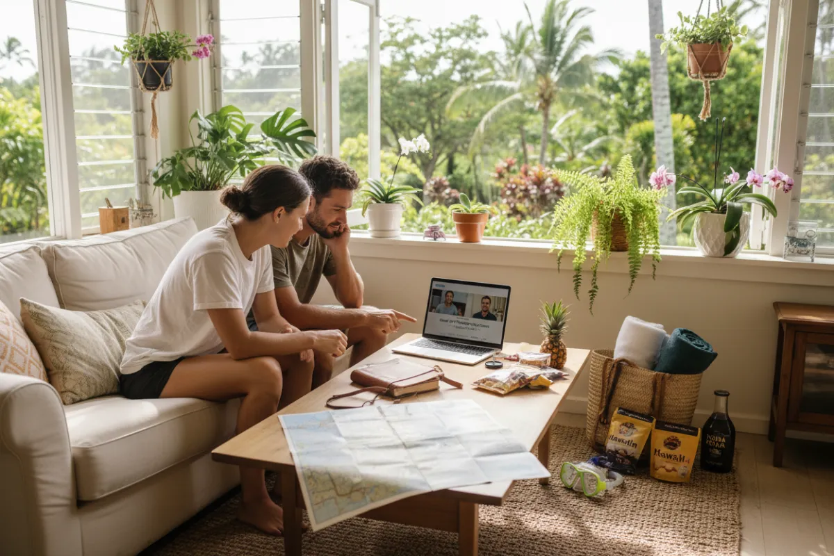 A young couple watching an online course on a laptop in a bright Kauaʻi rental, surrounded by travel gear, maps, and local snacks. The room is airy, with tropical plants and sunlight streaming in, evoking learning and excitement.