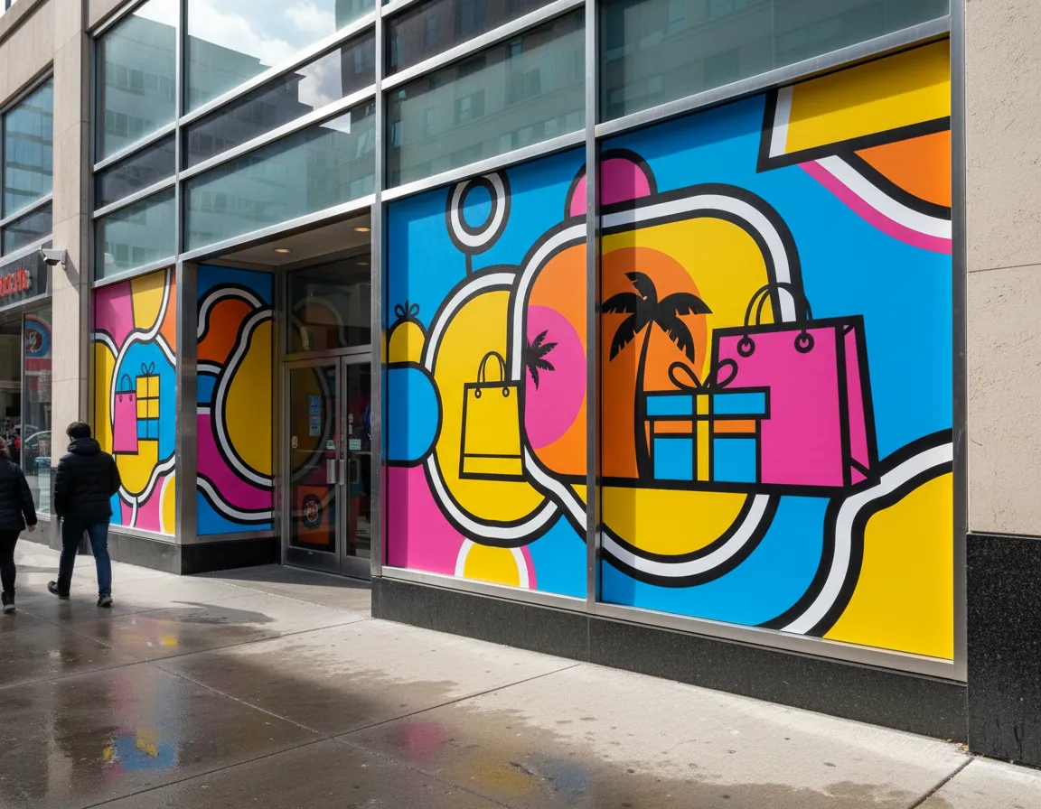 Promotional window decals for retail store