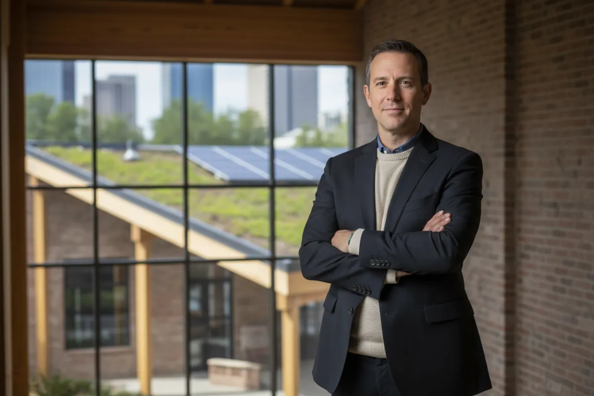 Portrait of Evan Mercer, early 40s, midwestern-Atlanta profile, standing with arms crossed in front of a recently completed sustainable project