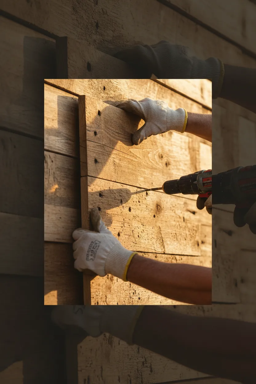 Crew installing reclaimed-wood cladding on a home