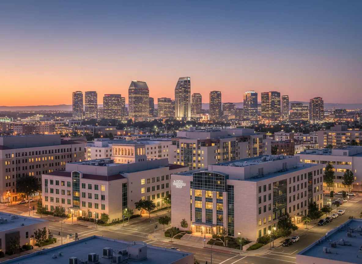 Downtown El Cajon and San Diego County courthouse skyline at dusk