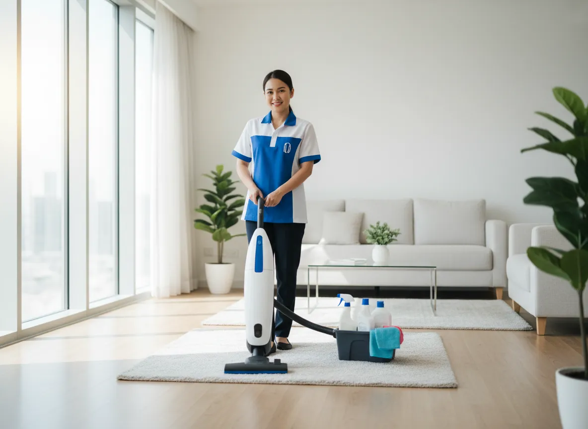 Filipino maid cleaning modern apartment in UAE