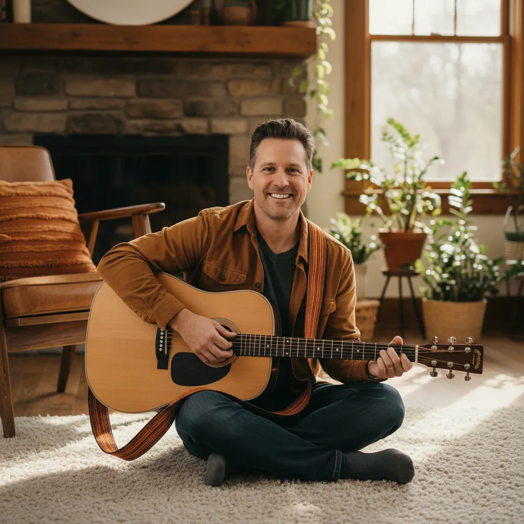 Friendly instructor holding a guitar with a warm smile