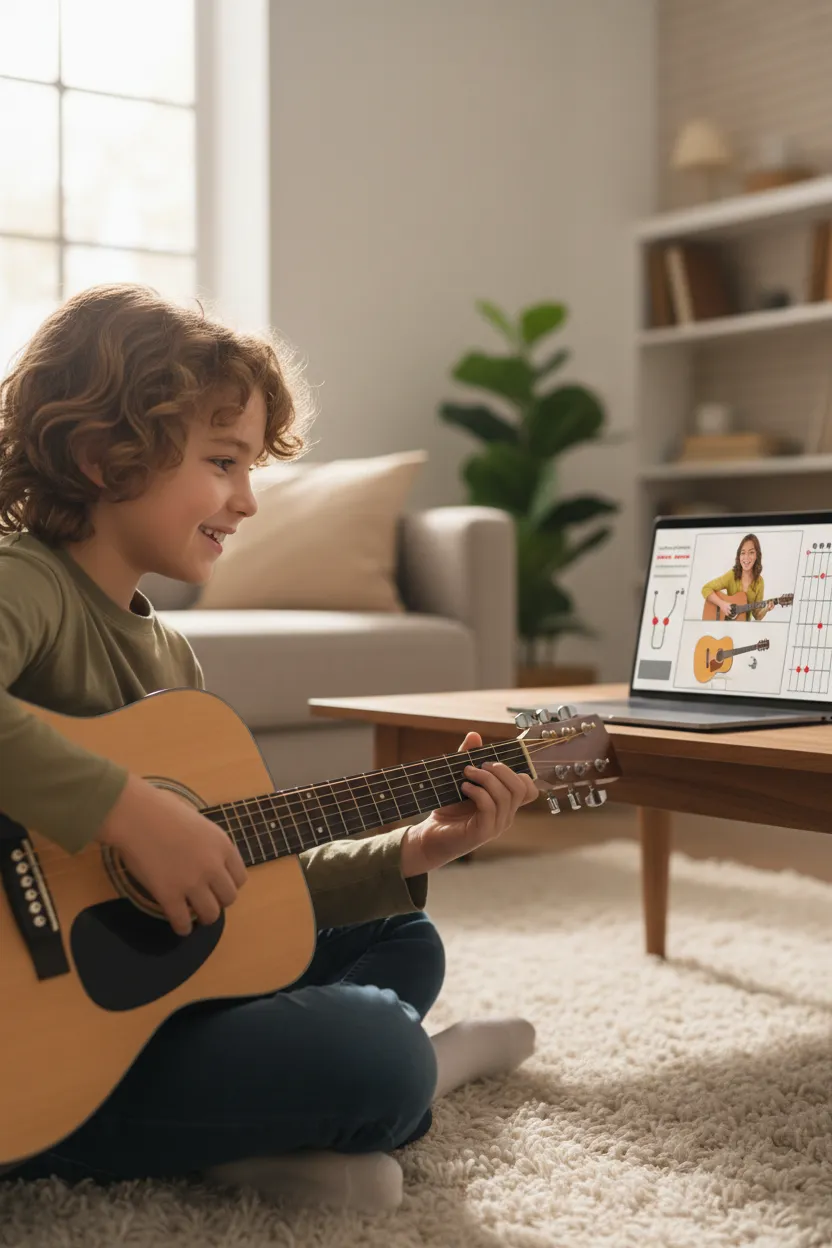 10-year-old child smiling while looking at a computer and holding an acoustic guitar, enjoying online lessons