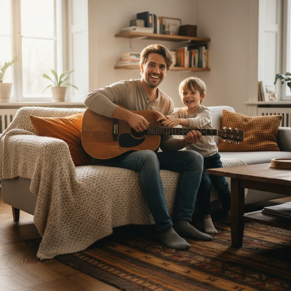 Parent and child laughing playfully together while holding an acoustic guitar in a warm, naturally lit living room