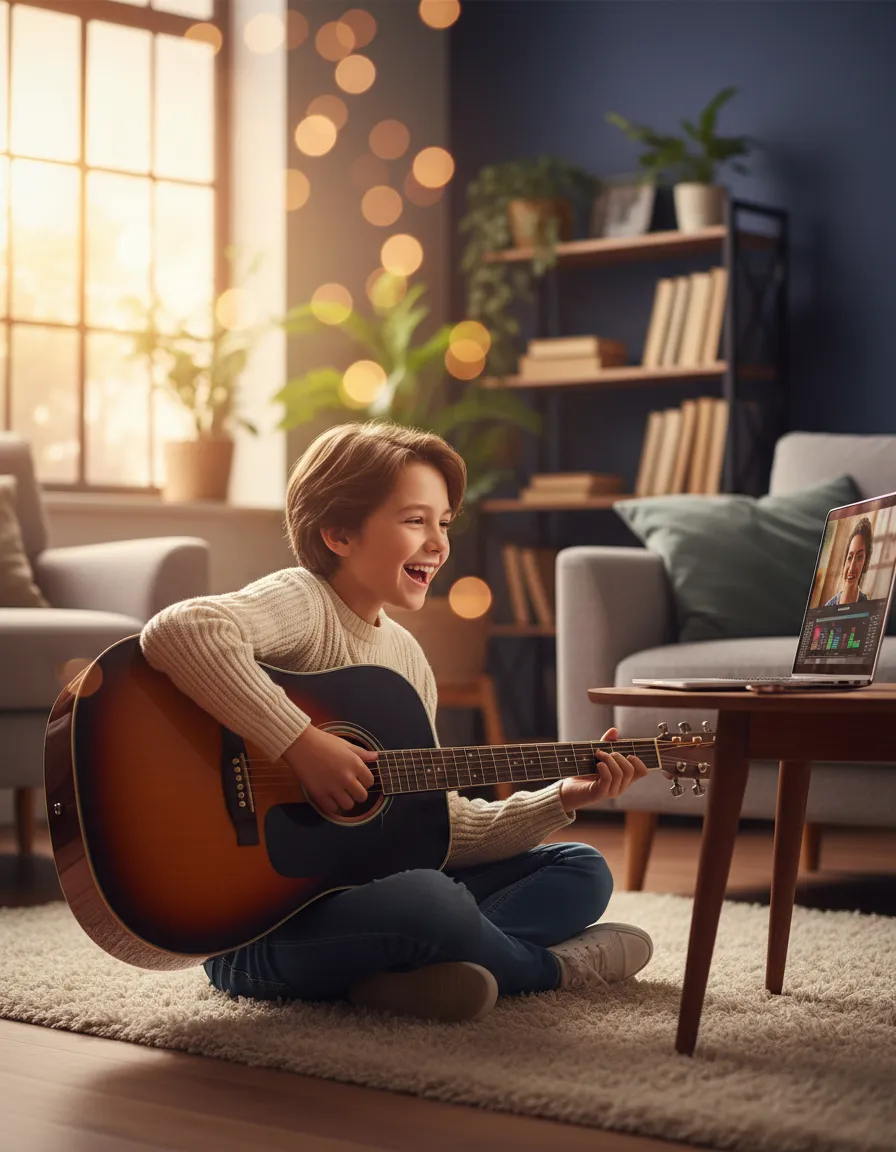 A happy child enjoying an online guitar lesson