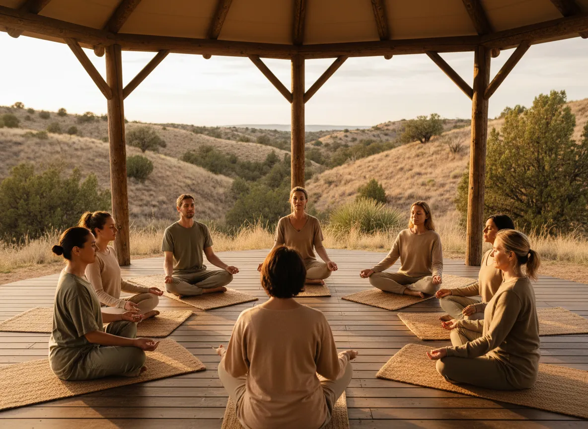 Guests in a calming outdoor wellness retreat space surrounded by nature