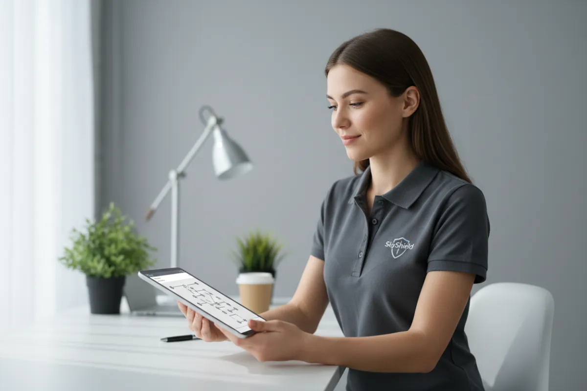 SkyShield support rep preparing a work order on a tablet in an office scene