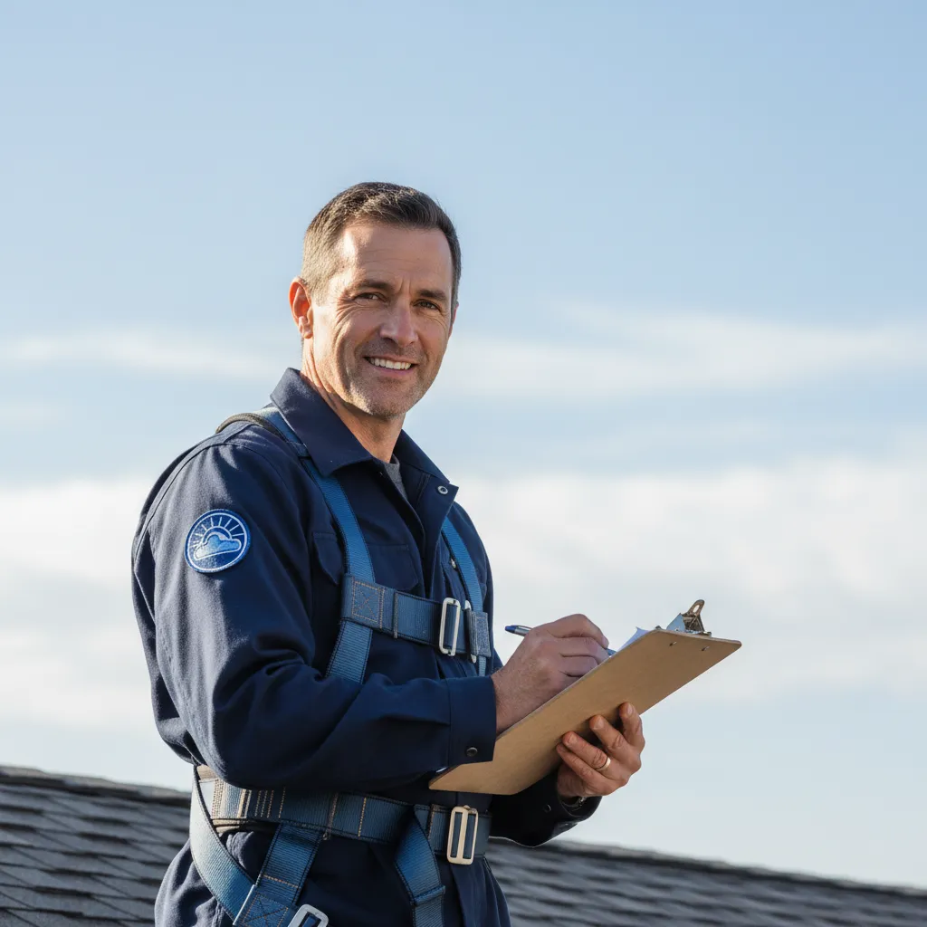 SkyShield field supervisor inspecting a residential roof during bright morning light, half-body shot showing clipboard and safety harness, friendly expression, clear company patch on work jacket, photorealistic with neutral background.