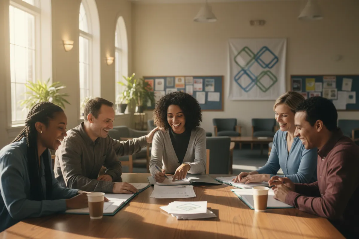 A diverse group of smiling adults gathered around a table, reviewing credit reports and celebrating progress together in a bright, welcoming community center. The scene radiates encouragement and local unity, with natural daylight and friendly expressions.