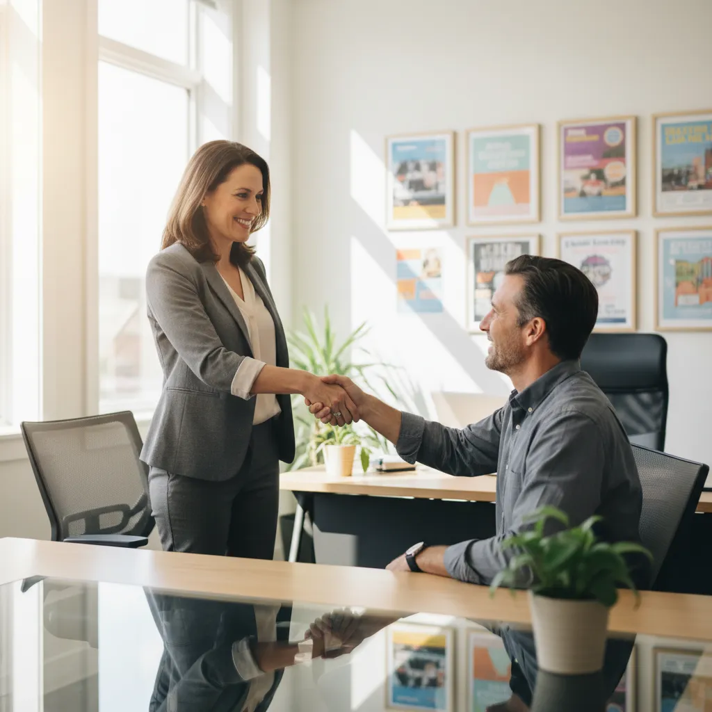 A professional credit consultant, mid-30s, warmly greeting a local client in a sunlit office with community posters on the wall. The consultant is extending a handshake, conveying trust and approachability, with a welcoming, modern workspace in the background.