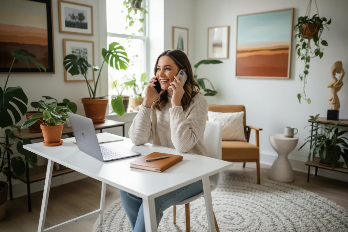 A cheerful woman in her late 20s, sitting at a modern desk with a laptop and notepad, answering a phone call. The office features plants and local artwork, creating a friendly, approachable atmosphere for community members seeking help.