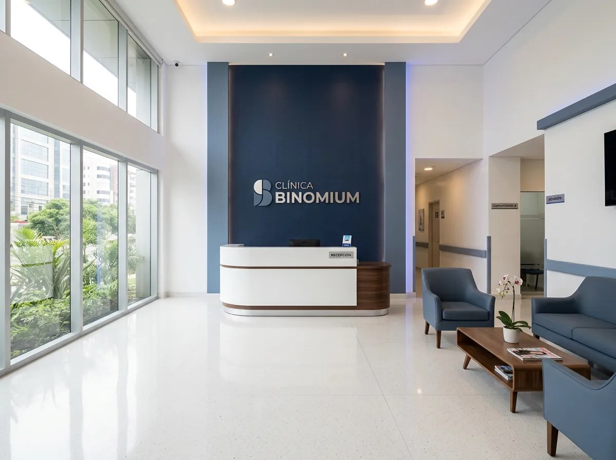 Fachada y recepción de Clínica Binomium en Santiago de Surco Lima