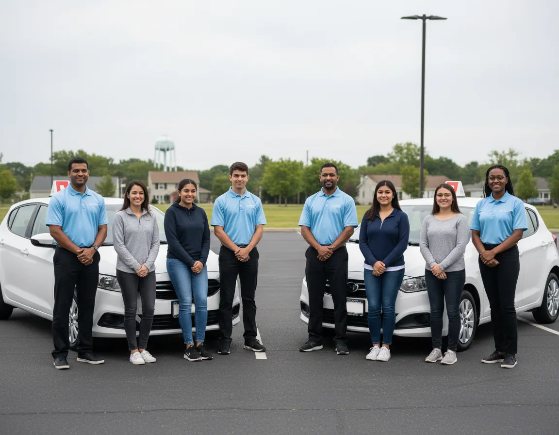 Group of driving instructors and students smiling near training cars