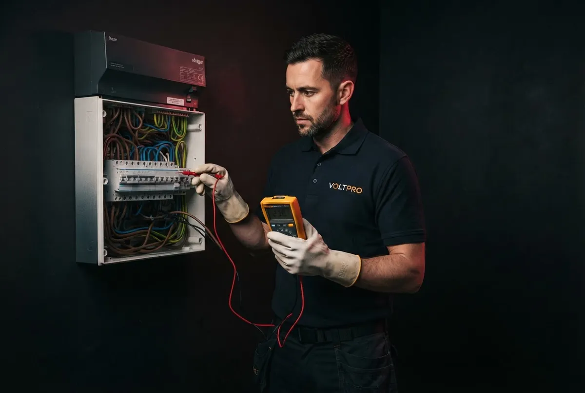 Electrician testing a domestic consumer unit and wiring