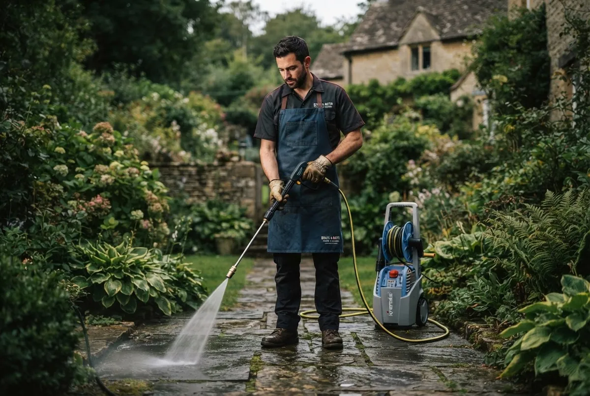 Exterior pressure washer and gardener maintaining residential grounds