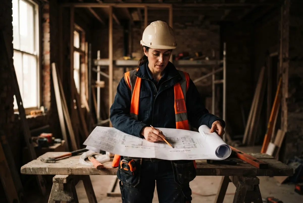 Builder reviewing house renovation drawings on site in Yorkshire