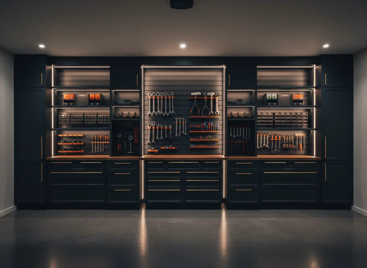 Premium custom garage organization system with built-in tool storage