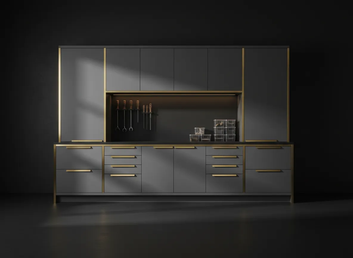 Sleek slate-gray garage cabinetry with metallic accents
