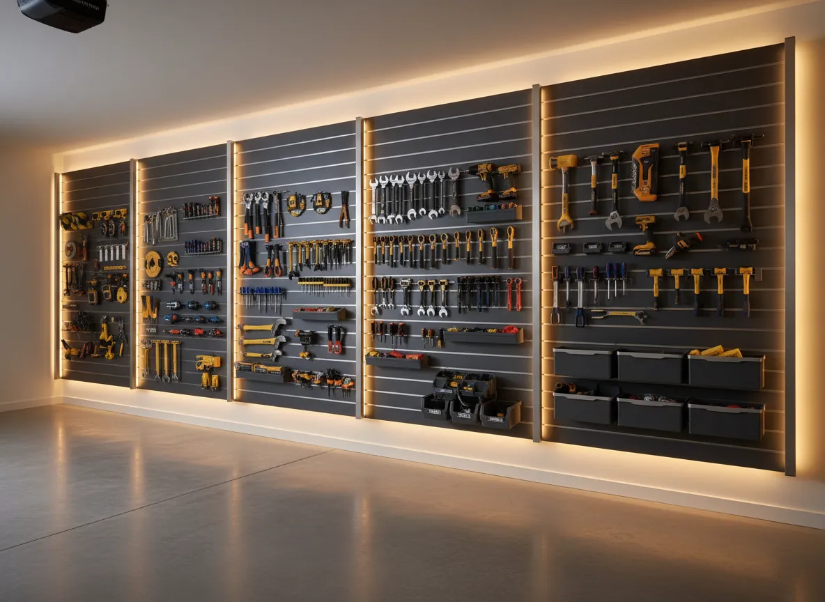Wall-to-wall organized slatwall storage for tools and equipment