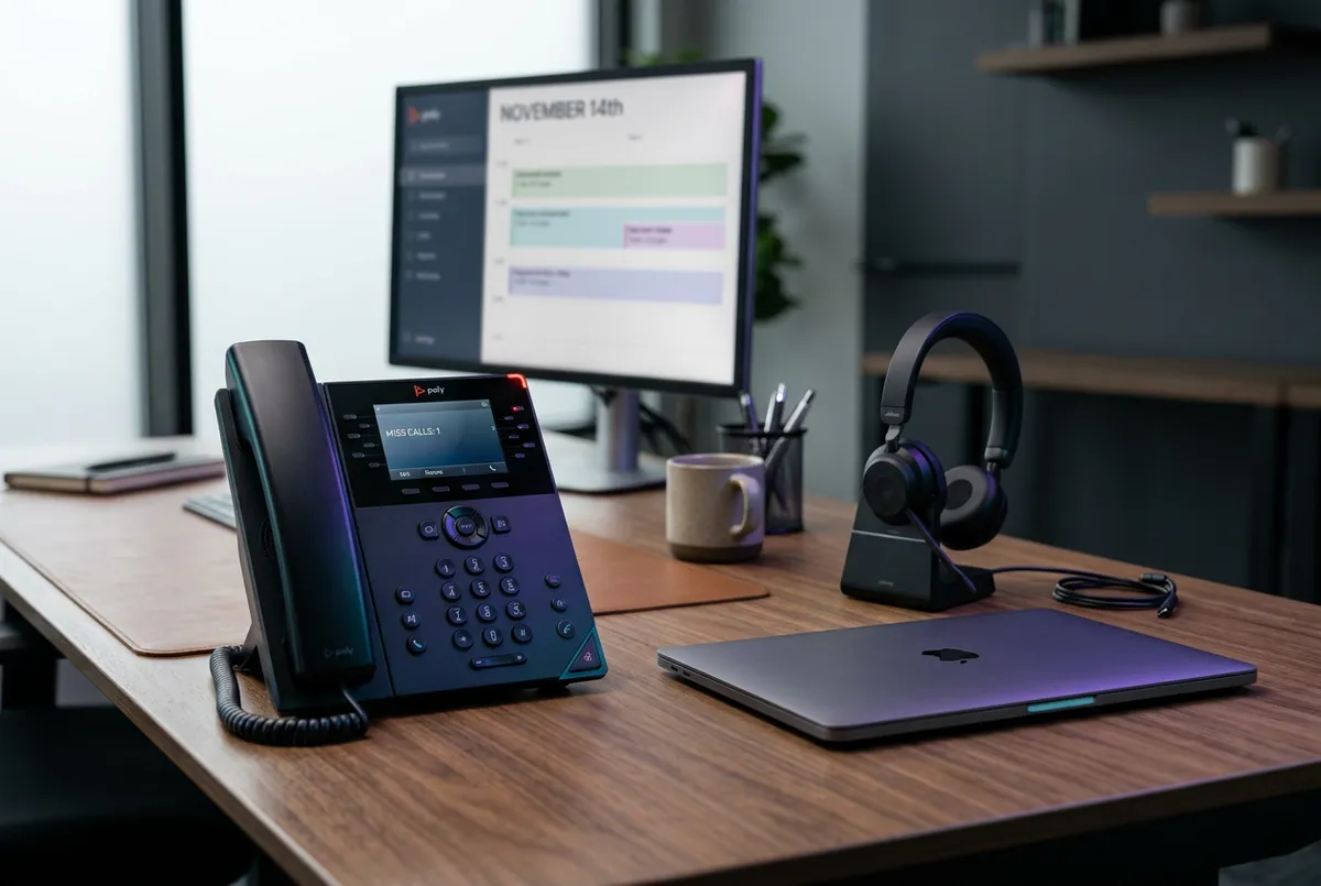 Organized modern business workspace with high-end communication setup