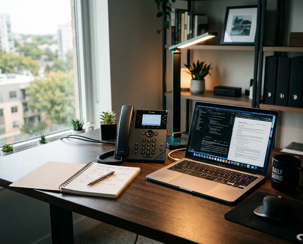 A bright, modern but bustling small business office with team members focused on client projects while a desk telephone blinks unattended