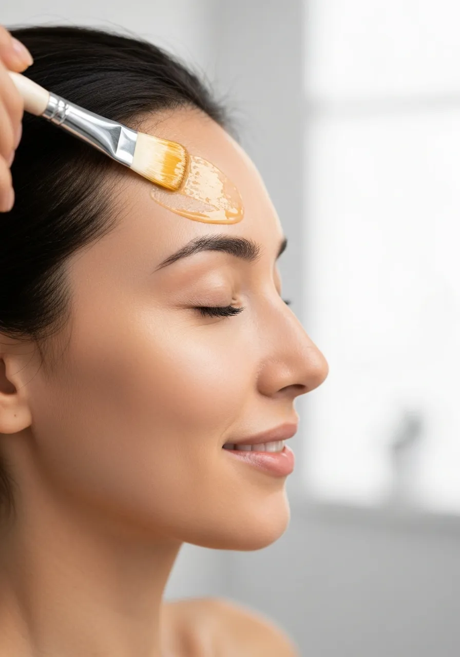 Profile view of a relaxed woman having a yellow peeling solution applied to her forehead with a brush.