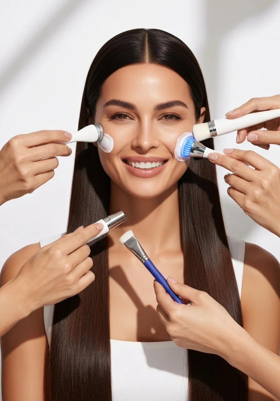 Close-up of a smiling woman receiving a facial treatment with multiple specialized tools and devices around her face.