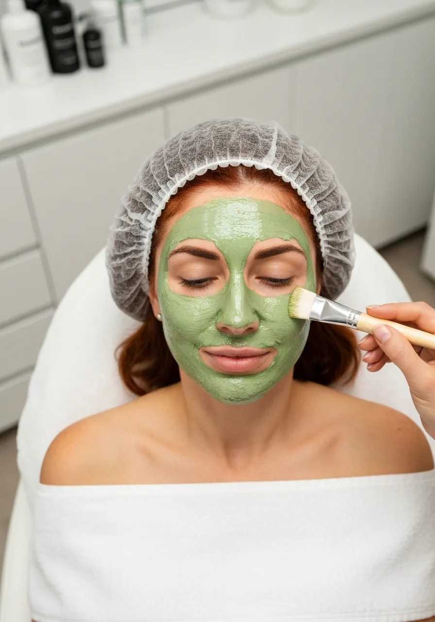 Top-down view of a woman wearing a hairnet, getting a green algae mask applied to her face with a brush.