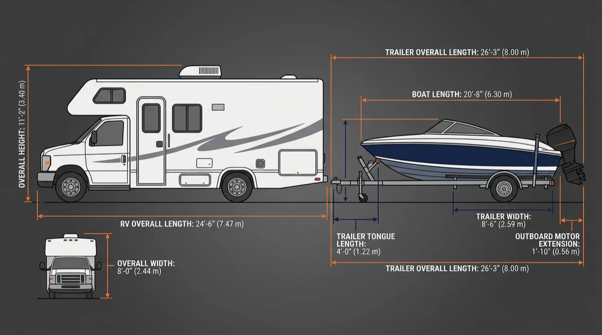 Instructional technical diagram illustrating overall measurement points for boats and RVs including trailer tongue, motor propeller, and rooftop accessories
