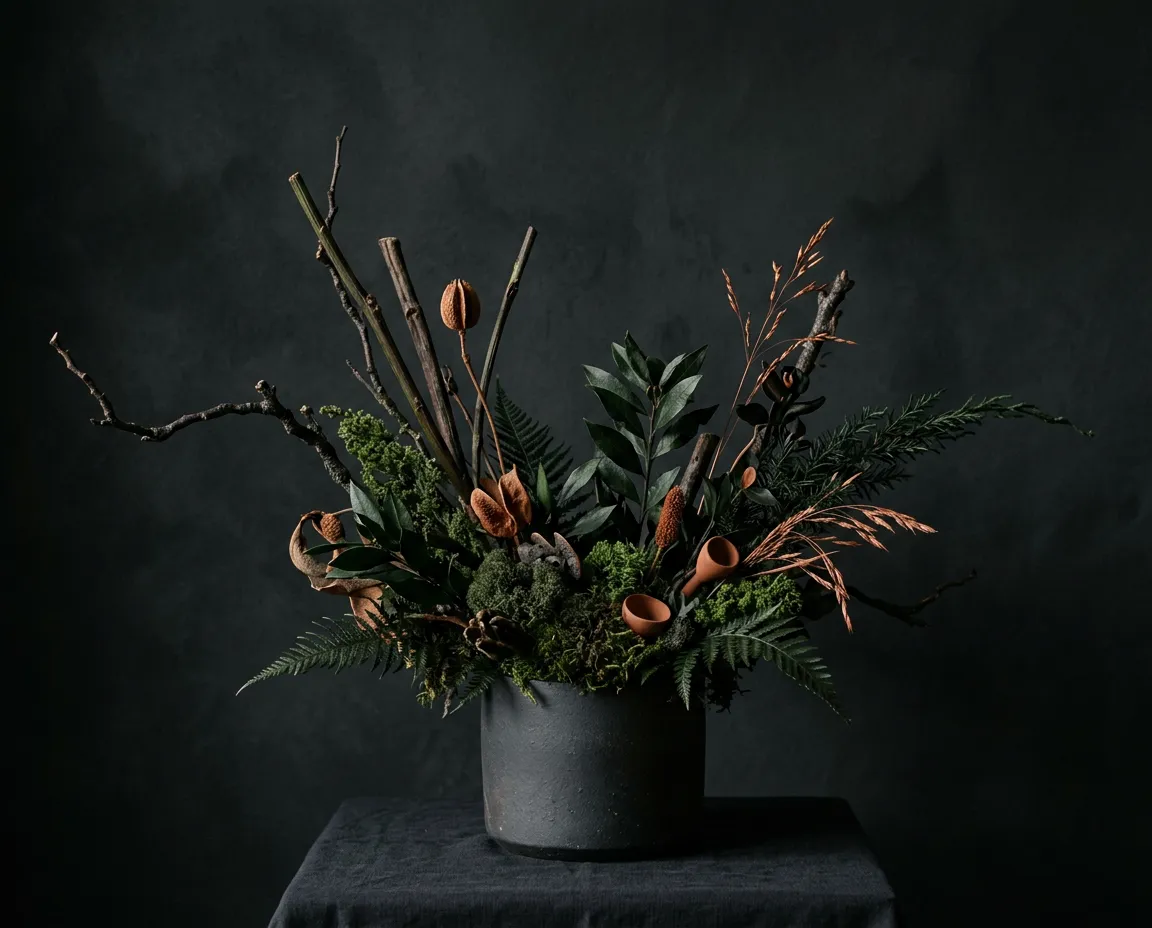 Sculptural corporate botanical centerpiece arranged in a minimalist ceramic vessel for an executive foyer