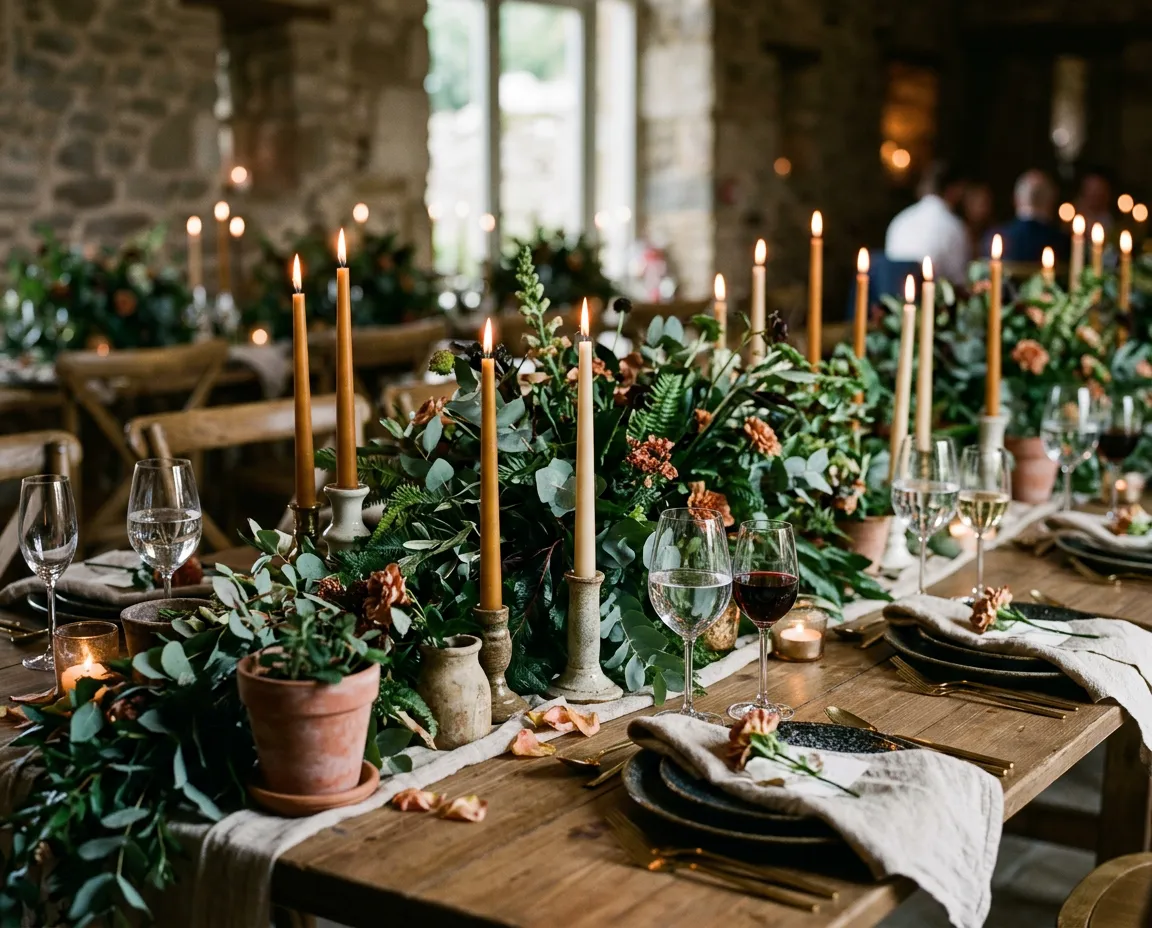 Atmospheric event dining installation with floating floral cloud and fine candlelight botanical styling