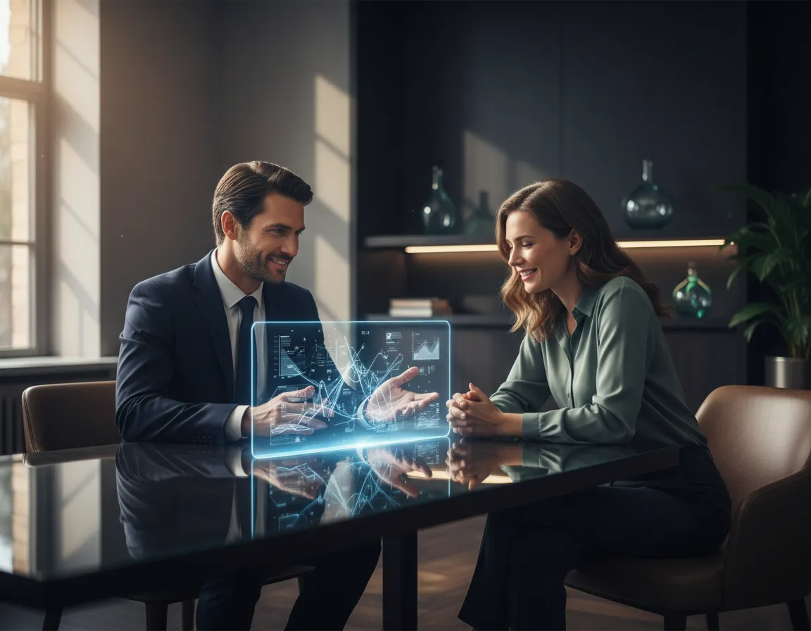 Professional financial advisor discussing transparent strategy with a relieved client