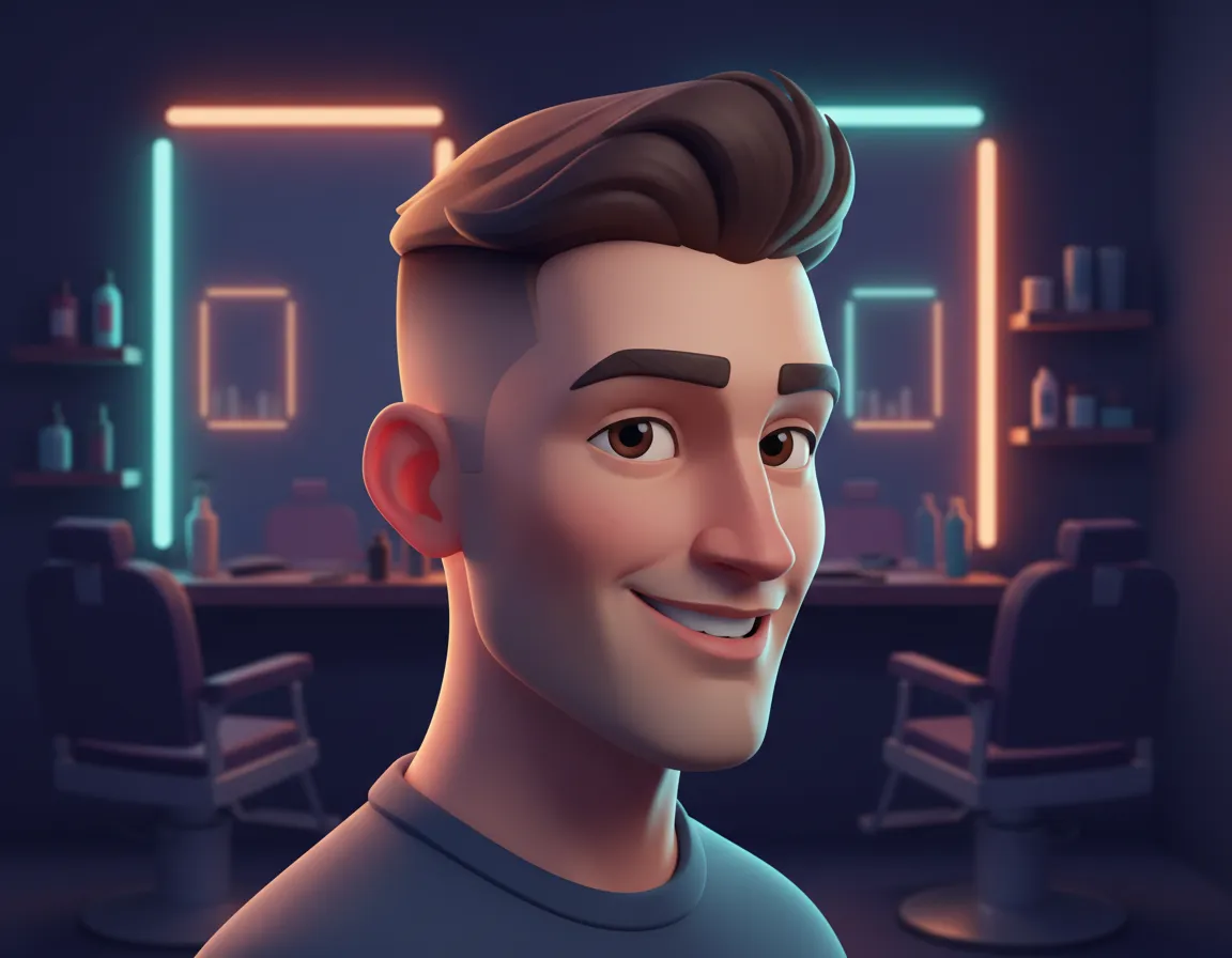 Digital art of a sharp fade haircut in a colorful barbershop