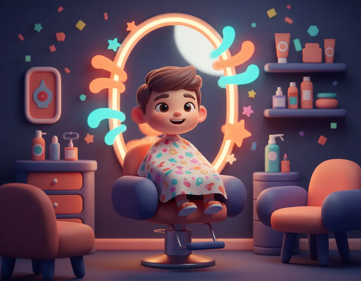 Digital art of a kid smiling in a colorful barbershop after a haircut