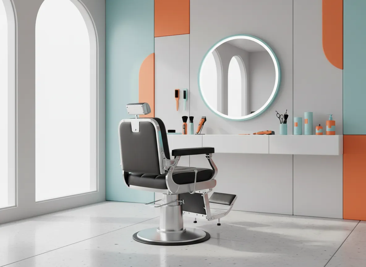 3D render of a colorful modern barber shop interior with a barber chair and tools