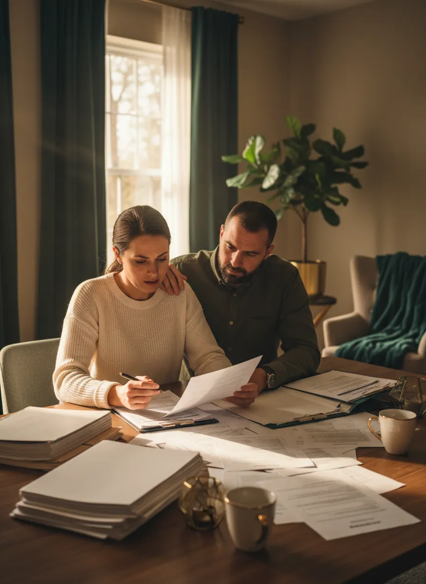 Stressed couple reviewing real estate documents