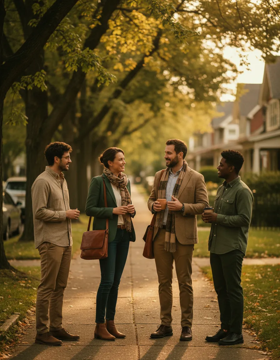 Local real estate team interacting with community members in a warm, welcoming setting