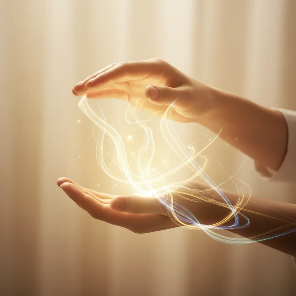 A close-up of hands performing a Reiki energy healing session, gentle light illuminating the hands and the recipient, with subtle energy lines artistically rendered, symbolizing advanced techniques and spiritual focus.