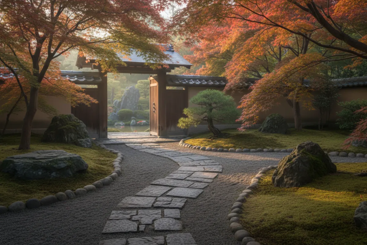 A serene Japanese garden with a stone path leading to a traditional wooden gate, soft morning light filtering through maple trees, evoking tranquility and spiritual awakening.