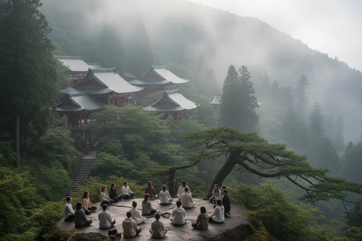 A panoramic view of Mt. Kurama’s lush forested slopes, ancient temple rooftops peeking through mist, and a group of diverse students in meditation, capturing the spiritual essence of Kyoto.