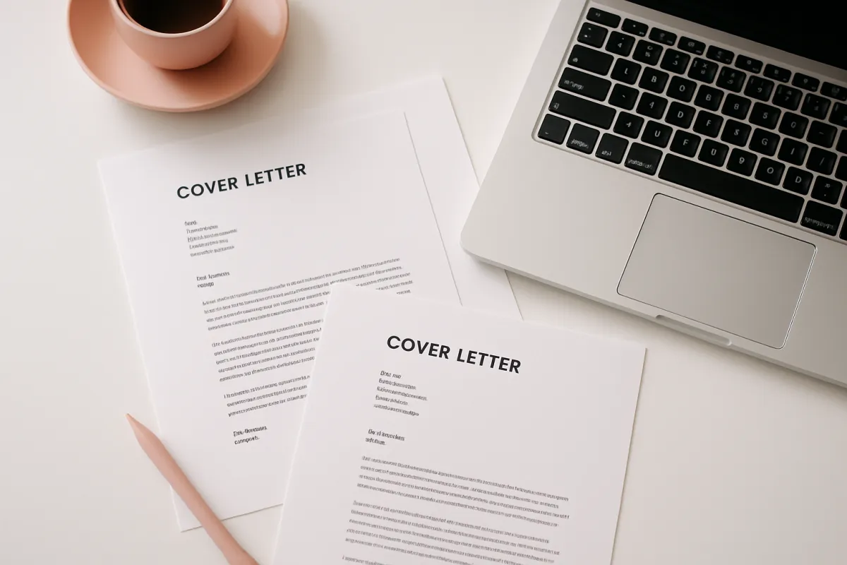 Printed cover letter pages and a laptop on a white desk with minimal pink accents.