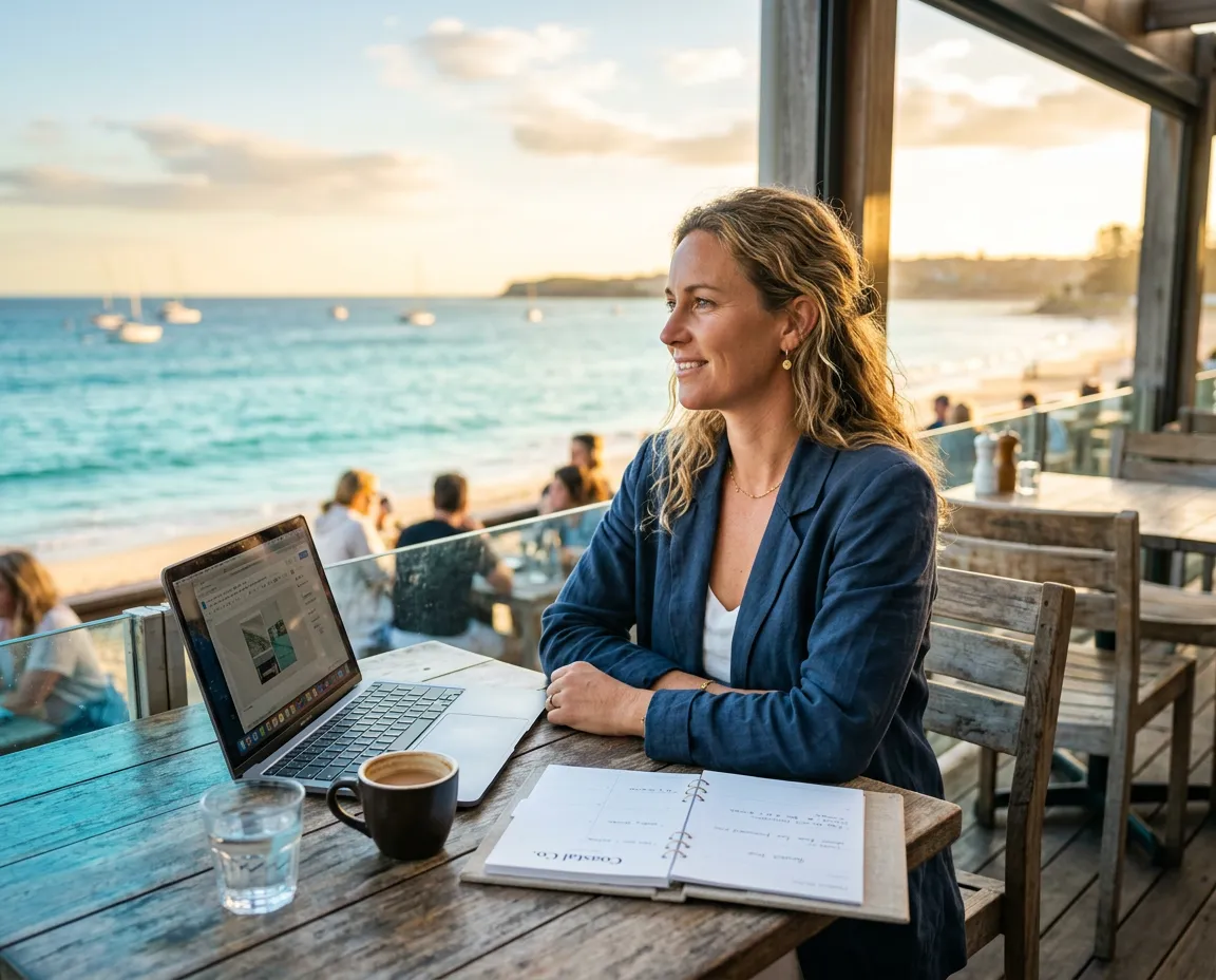 Productive executive working in serene coastal office with automated workflow dashboard
