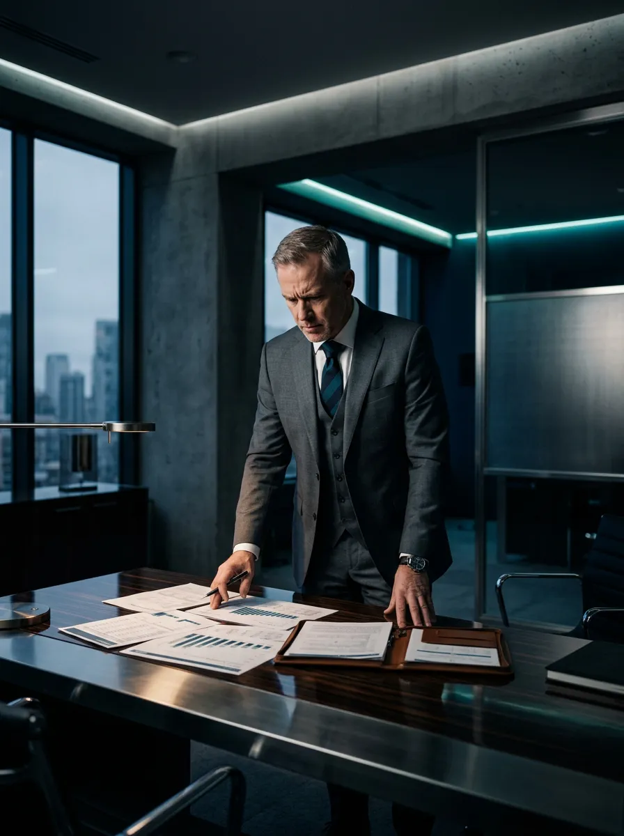 High-contrast architectural and executive workspace depicting the mental load of complex asset management